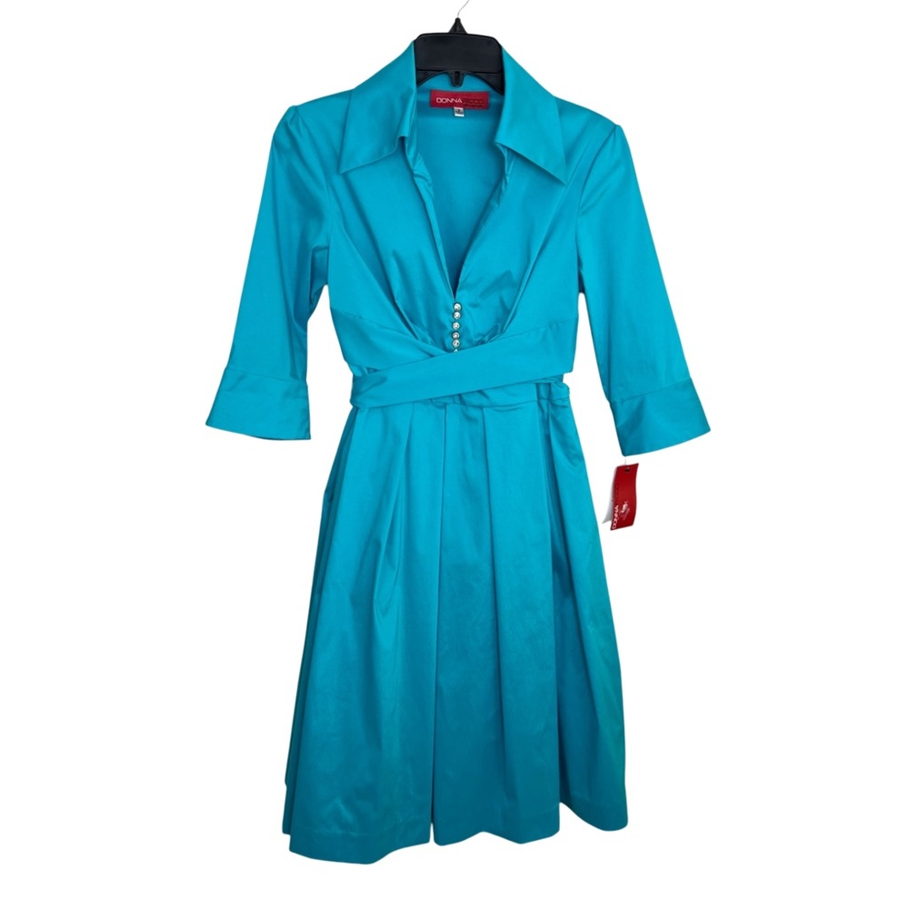 Donna Ricco Pleated V-Neck Tie Waist 3/4 Sleeve Collared Dress Blue Size 6